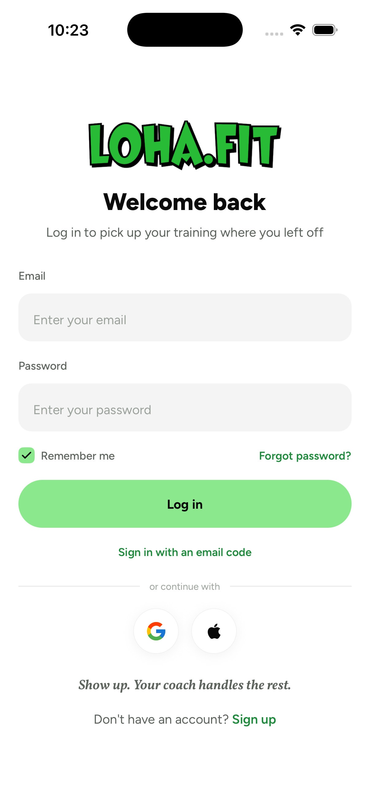 Quick setup screen in the Loha app