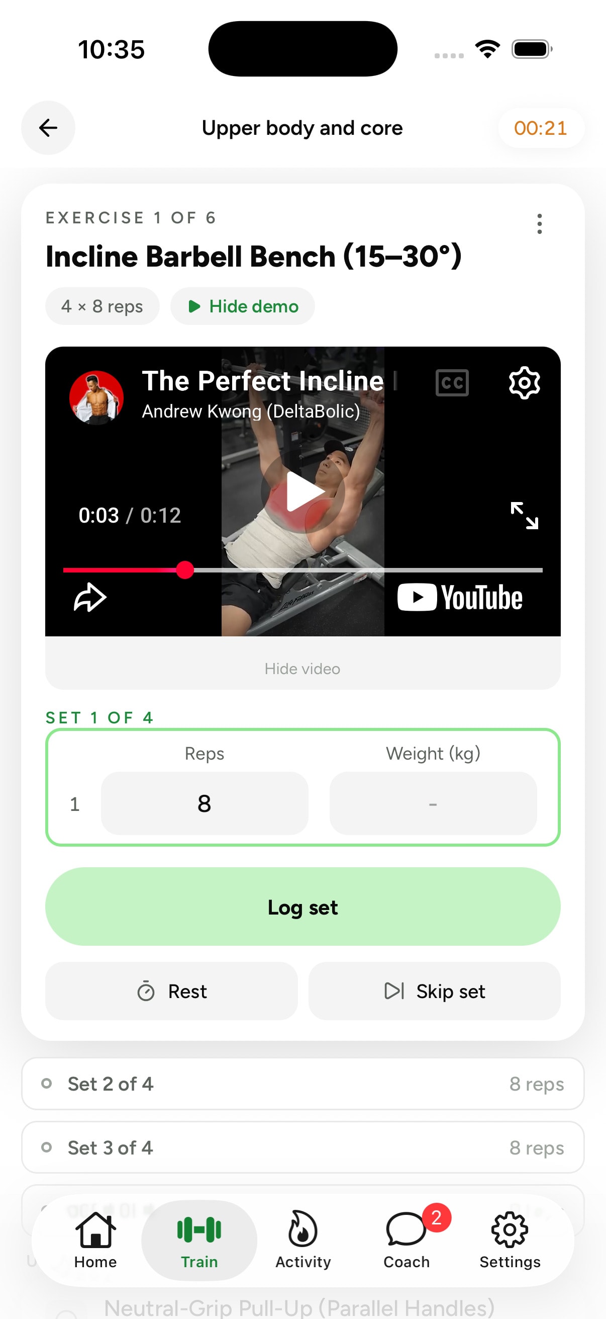 Workout player screen in the Loha app